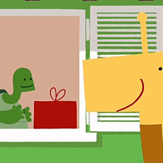 Giraffe und Schildkröte an Fenster.