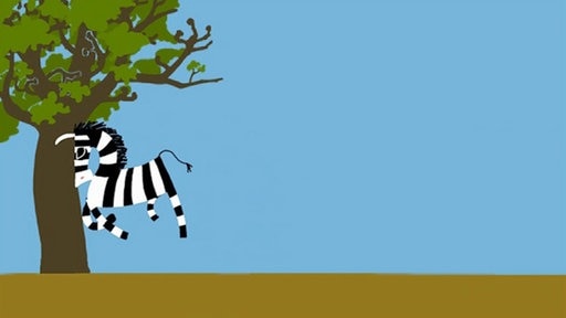 Ein gezeichnetes Zebra stößt mit dem Kopf voraus gegen einen Baum