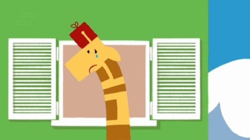 Zeichnung einer traurigen Giraffe, die vor einem Fenster steht.