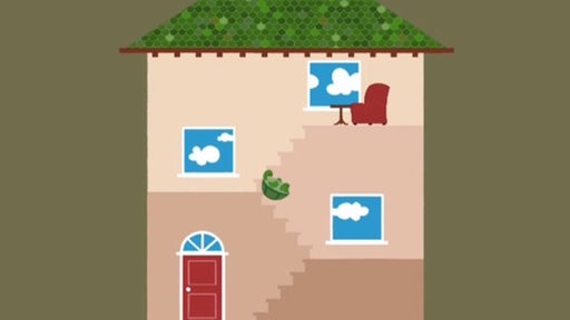 Zeichnung eines Hauses, in dem eine Schildkröte die Treppe herunterrutscht.