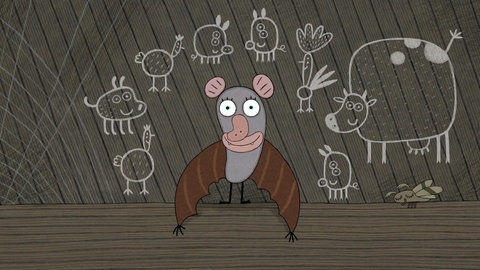 Animation : Fledermaus vor Tierzeichnungen.