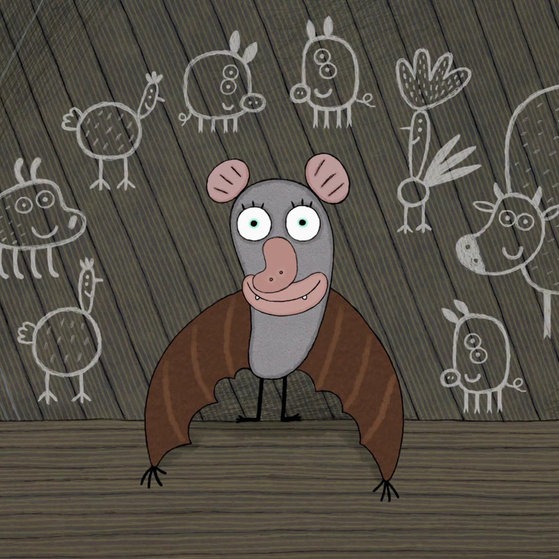 Animation : Fledermaus vor Tierzeichnungen.