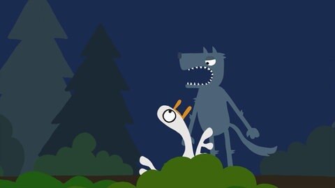 Wolf und Schwan im Wald : Der Wolf zeigt Zähne.