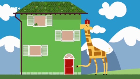 Zeichnung einer Giraffe vor einem Haus.