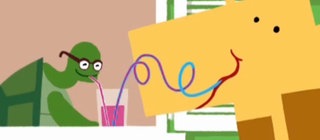 Eine Giraffe und eine Schildkröte trinken durch zwei Strohhalme aus einem Glas.