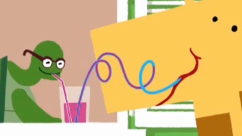 Eine Giraffe und eine Schildkröte trinken durch zwei Strohhalme aus einem Glas.