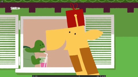 Zeichnung einer Giraffe und einer Schildkröte an einem Fenster beim Trinken eines Getränkes.