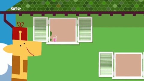 Eine Giraffe trägt ein Geschenk auf ihrem Kopf hoch zum obersten Fenster eines Hauses