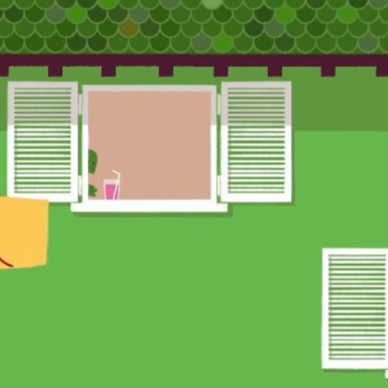 Eine Giraffe trägt ein Geschenk auf ihrem Kopf hoch zum obersten Fenster eines Hauses