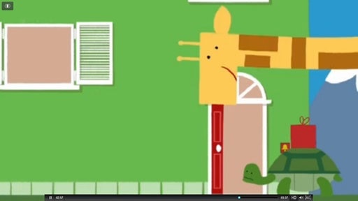 Zeichnung einer Giraffe und einer Schildkröte vor einer Haustür.