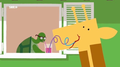 Zeichnung einer Giraffe und einer Schildkröte, die beide an einem Strohalm aus einem Glas trinken.