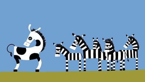 Zebra-Gruppe, eines davon ist gefleckt.