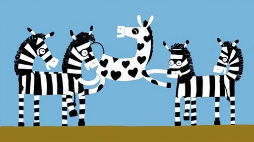 Zeichnung von fünf Zebras. Vier davon sind normal gekleidet, während das fünfte schwarze Herzen auf dem weißen Fell hat.