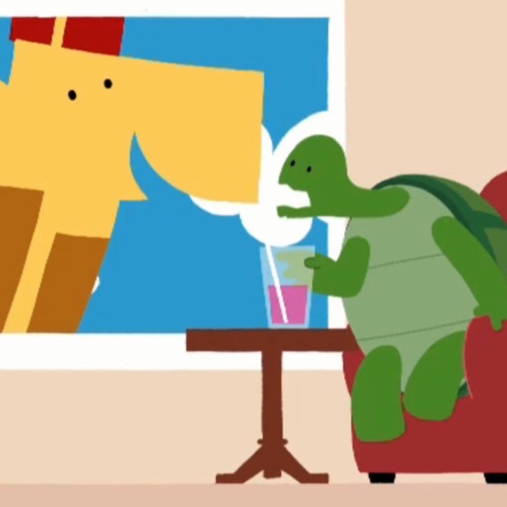 Eine Giraffe redet mit einer Schildkröte durch das Fenster.