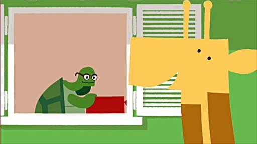 Schildkröte und Giraffe an einem Fenster.