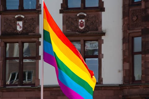 Eine Regenbogenfahne, im Hintergrund ist ein Gebäude mit Wappen drauf. (Foto: Imago)