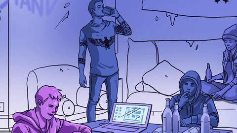 Comicbild mit Jugendlichen, die mit einem Laptop in einem Zimmer sitzen und trinken. (Foto: SWR – Screenshot aus der Sendung)