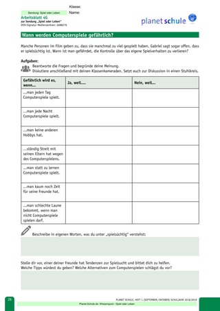 Arbeitsblatt 4G: Wann werden Computerspiele gefährlich?