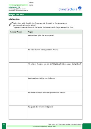 Arbeitsblatt 2G: Spieler: Fragen zum Film