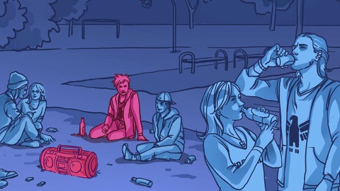 Grafik: Gruppe Jugendlicher mit Radio und Getränken.