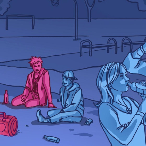 Grafik: Gruppe Jugendlicher mit Radio und Getränken.