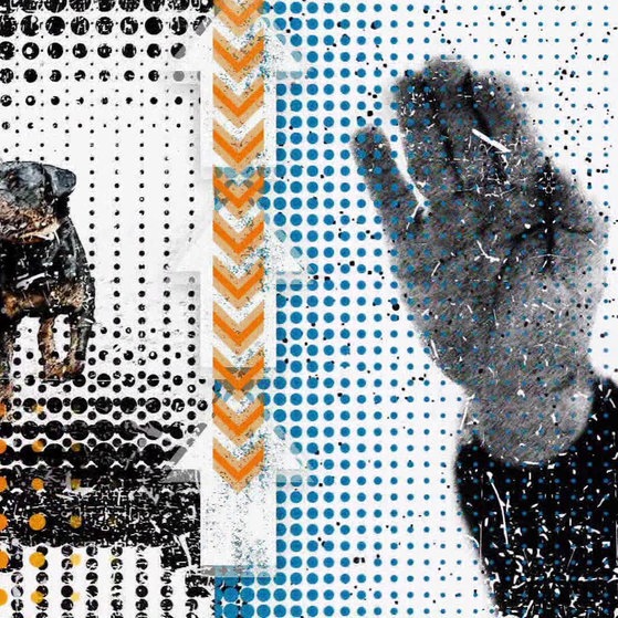 Hund an Leine auf linker Seite, Mann mit gestreckter Hand auf rechter Seite