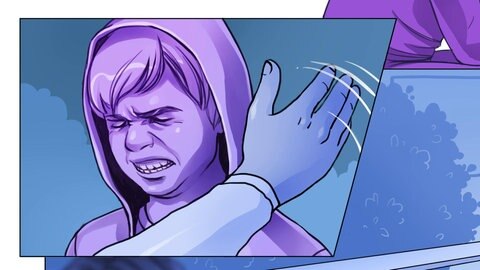 Comicbild: Kindergesicht, im Hintergrund ein Haus mit einem erleuchteten Fenster, in dem zwei Menschen zu sehen sind.