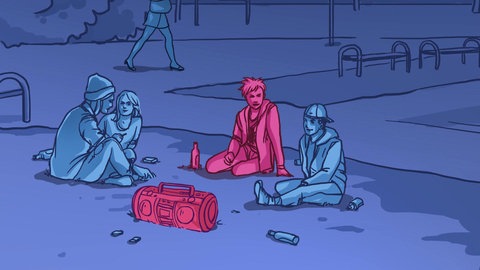 Comicbild: Jugendliche hören Musik in einem Park