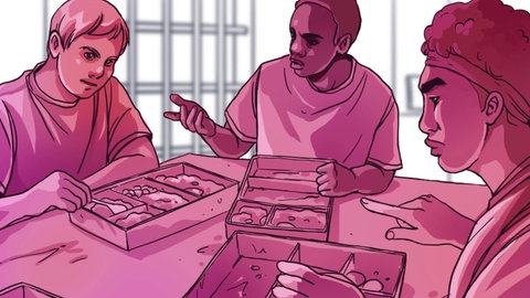 Grafik: Drei Männer an einem Tisch.