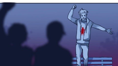 Comicbild: Sänger auf Bühne mit hochgereckter Faust.