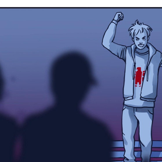 Comicbild: Sänger auf Bühne mit hochgereckter Faust.