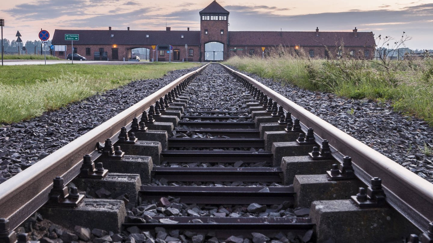 Ein Gleis führt Richtung Haupteingang des KZ Auschwitz (Foto: WDR, Imago)