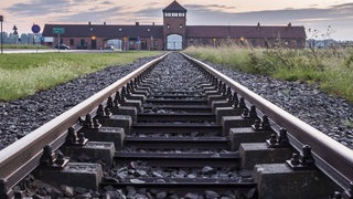 Judenverfolgung: Ein Gleis führt Richtung Haupteingang des ehemaligen Konzentrationslagers Auschwitz