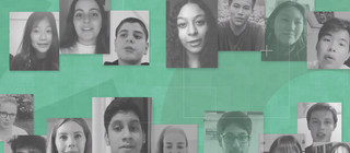 Schwarz-weiß Bilder von Jugendlichen auf grünem Hintergrund. Jugendliche halten während der Corona-Pandemie Kontakt über Smartphones und Videos.