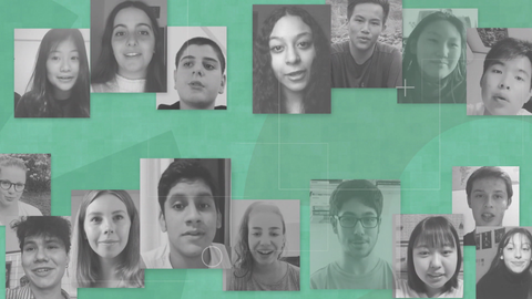 Schwarz-weiß Bilder von Jugendlichen auf grünem Hintergrund. Jugendliche halten während der Corona-Pandemie Kontakt über Smartphones und Videos.