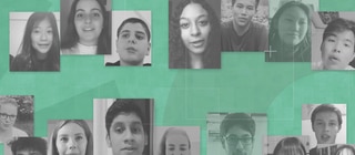 Schwarz-weiß Bilder von Jugendlichen auf grünem Hintergrund. Jugendliche halten während der Corona-Pandemie Kontakt über Smartphones und Videos.