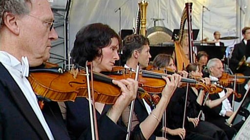 Festlich gekleidete Männer und Frauen sitzen in einer Reihe und spielen Geige. (Foto: SWR)