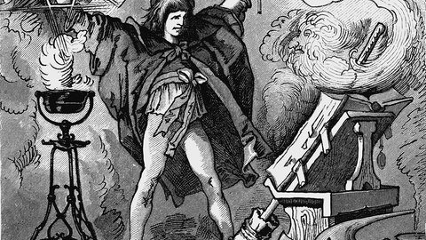 Schwarzweiß-Stich: Der Zauberlehrling in der Mitte des Bilds hebt beide Arme und hat einen Zauberstab in der Hand. Er ist umgeben von Rauch, vor ihm liegt ein großes aufgeschlagenes Buch auf einem Ständer, der Besen lehnt daran.