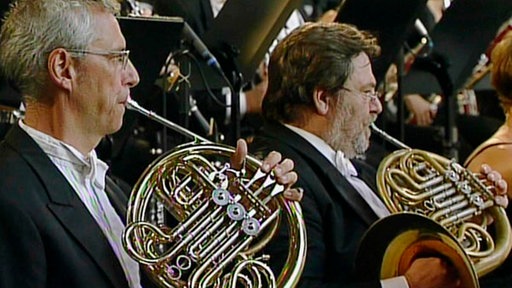 Zwei dunkel gekleidete Musiker spielen die Hörner.