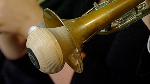 Nahaufnahme vom Endstück einer Trompete mit Dämpfer.