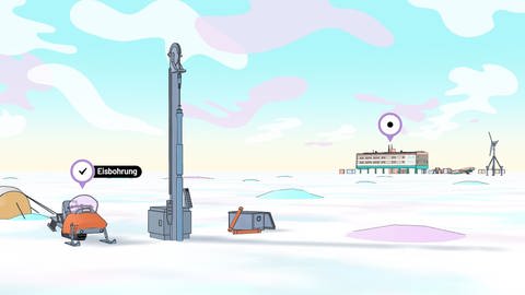 Im Lernspiel Klima Challenge kann man in der Forschungsstation in der Antarktis eine Eisbohrung durchführen und die Proben anschließend auswerten.  (Foto: Screenshot aus Lernspiel)