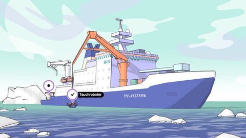 Im Lernspiel Klima Challenge ermöglicht das Forschungsschiff, die Gebiete des Nordpols zu untersuchen.  (Foto: Screenshot aus Lernspiel)