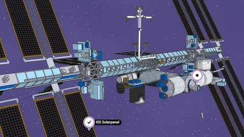 Im Lernspiel Klima Challenge reist man bis zur internationalen Raumstation ISS, um die Erde und das Klima von oben zu betrachten. Sie besteht aus vielen Einzelteilen, unter anderem großen Solarzellen.