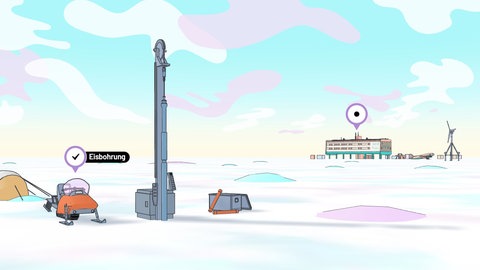 Im Lernspiel Klima Challenge kann man in der Forschungsstation in der Antarktis eine Eisbohrung durchführen und die Proben anschließend auswerten. 
