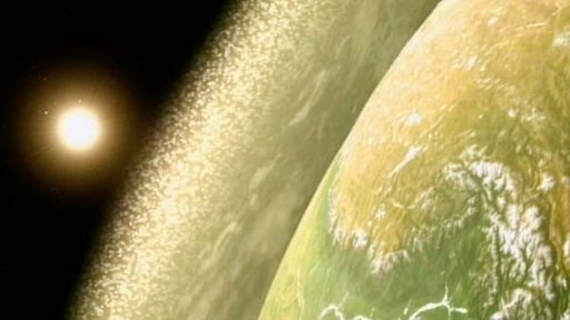 Rechts ein Ausschnitt der Erdkugel, umgeben von der Atmosphäre, in der die Treibhausgase durch weiße Pünktchen illustriert werden. Links vor dunklem Weltall die Sonne.