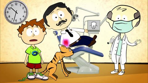 Szene mit der Zeichentrickfigur Knietzsche beim Zahnarzt (Foto: vision X / WDR)