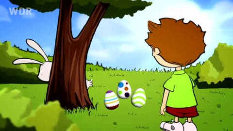 Zeichnung von einem Jungen, der vor einem Baum steht, hinter dem ein Hase zu sehen ist. Davor liegen bunte Ostereier (Foto: vision X/WDR)