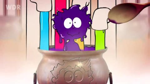 Screenshot aus dem Trickfilm: In einen großen Kessel laufen aus Wasserhähnen Flüssigkeiten in verschiedenen Farben, ein lilafarbene Knietzsche guckt aus dem Topf (Foto: vision X/WDR)