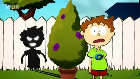 Zeichentrickfigur Knietzsche fürchtet sich von seinem grimmig schauenden Schatten, den er auf den Zaun wirft (Foto: vision X/WDR)