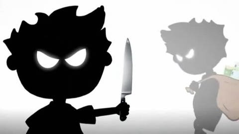 Zu sehen sind zwei Schatten mit bösem Gesichts, einer hat ein Messer in der Hand, der andere einen Sack mit gestohlenem Geld (Foto: vision X/WDR)